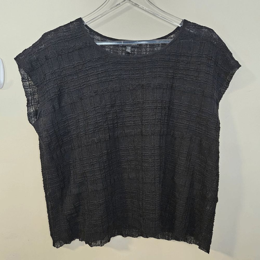 Eileen Fisher Sheer Hemp Shadow Plaid Boxy Tee Blouse Cap Sleeve Womens Black Si